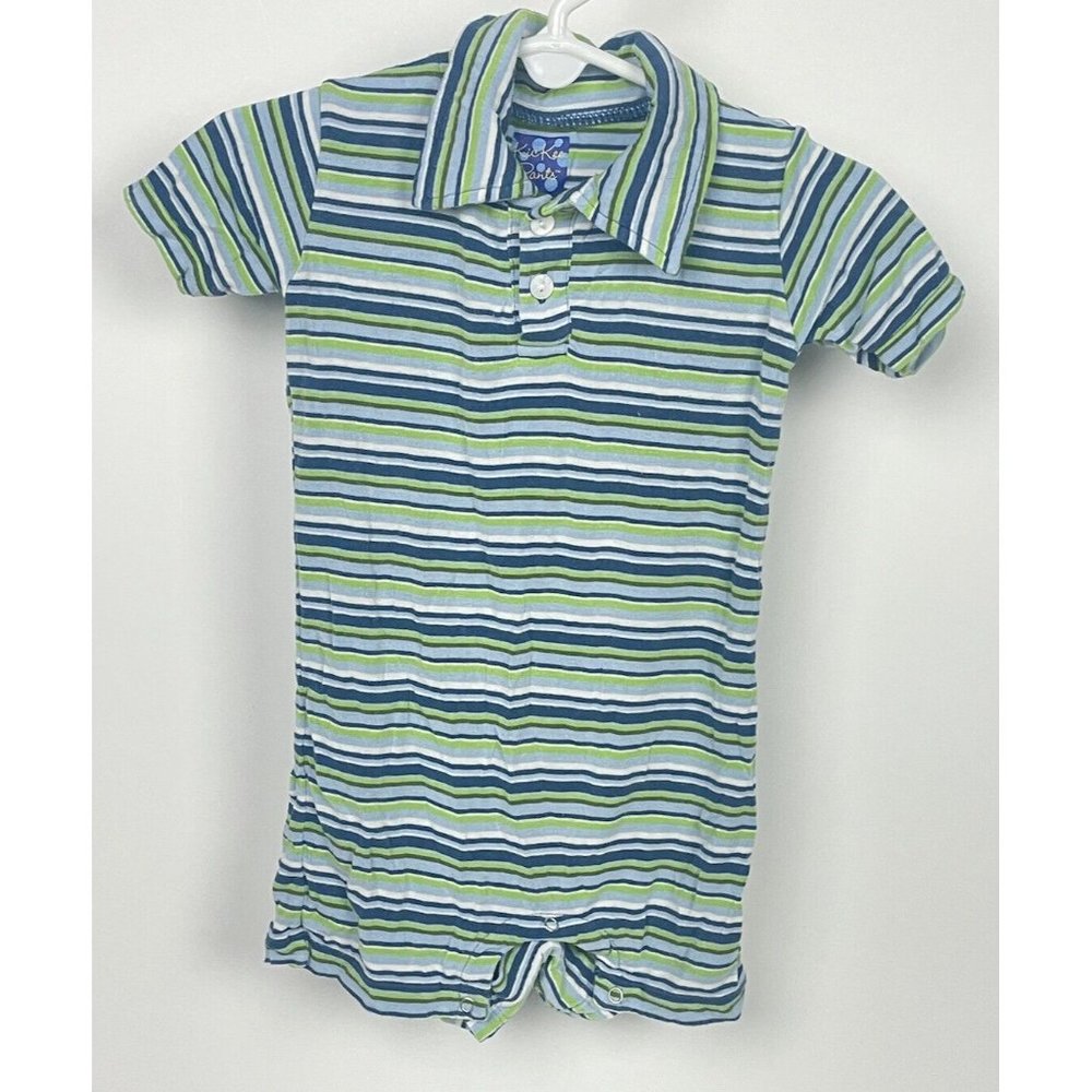 Kickee Pants Boys Polo Romper Outfit Blue Green Stripe Short Sleeve Bamboo 3-6 M